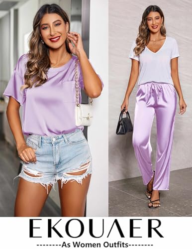 Image of Ekouaer Womens Satin Silky Pajama Set Short Sleeve Shirt with Long Pajama Pant Set Soft PJ Loungewear