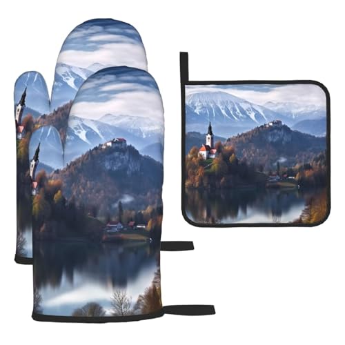 Slovenia Wonderland Guanti da forno e presine Set di 3 guanti da forno resistenti al calore Sottopentola antiscivolo Guanti da forno lunghi Presine Guanti da cucina extra spessi per cucinare