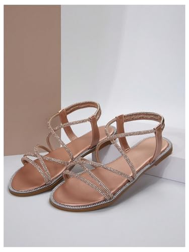 OYOANGLE Women's Strappy Sandals Rhinestone Sparkly Criss Cross Comfortable Elastic Ankle Strap Sandal4