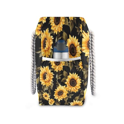 Black Sunflower Beach Bag with Top Zipper Closure, Waterproof Pool Bag, Large Beach Tote for Women#1063