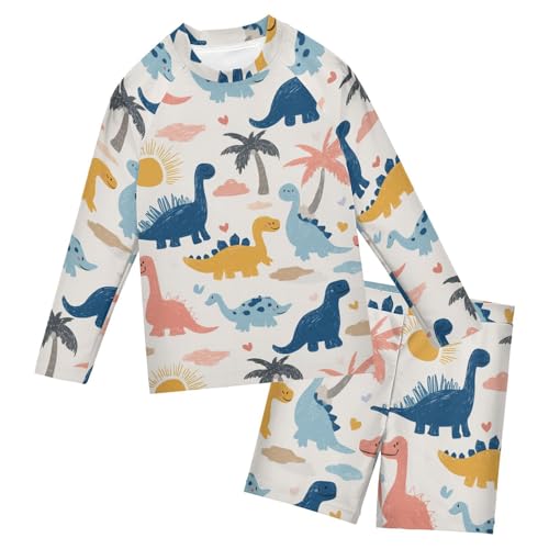 Bañador anti-UV para niños con camiseta manga larga y estampado de dinosaurio divertido