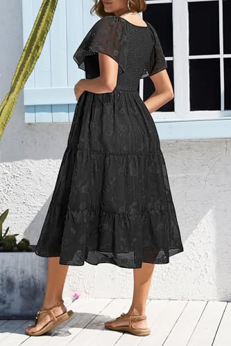 Image of Pinup Fashion Maternity Summer Dress Baby Shower Easter Pregnancy A-Line | Smocked V-neck, flutter sleeves, breathable floral fabric, bump friendly, perfect for photoshoot, spring casual,postpartum