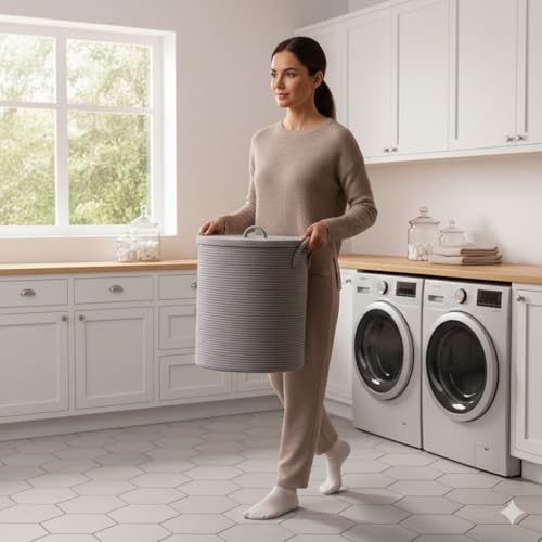 Image of Basket with Lid, 15 inch x 20 inch Woven Storage Basket for Blankets, Toys, Pillows, Towels, Living Room Bedroom Storage Bin, Round Rope Basket with Lid, Wicker Baskets for Organizing (BG2)