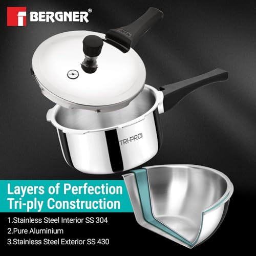 Image of Tripro Triply Stainless Steel Outer Lid Pressure Cooker, 2 Litres Pressure Cooker, Even Heat Distribution, Bakelite Sturdy Handle, Healthy Cooking, Easy to Clean - Induction and Gas Stove Ready