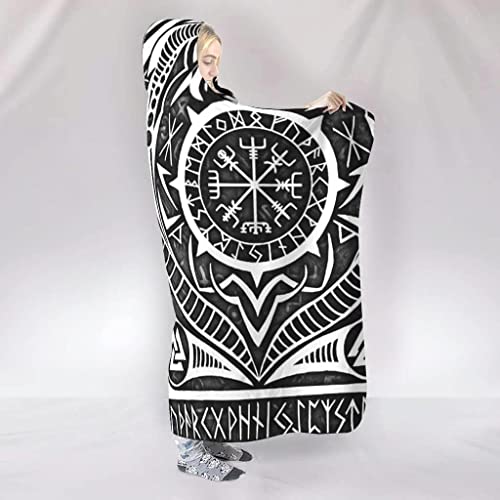 Norse Viking Vegvisir Hooded Blanket Warm Cozy Extra Soft Sherpa Throw Blanket Plush Fleece Blanket Wearable Blanket Hoodie Blanket For Kids And Adults (Color : A, Size : 70X60In/180X150Cm) #TOP1