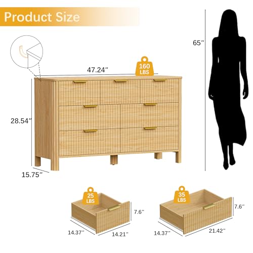 Image of Wodeer 7 Drawer Dresser for Bedroom, 47 inch Wide Wood Storage Cabinet with Fluted Design, Modern Chest of Drawers & TV Stand for Living Room, Nursery Clothing Organizer with Metal Slides, Anti-Tipping
