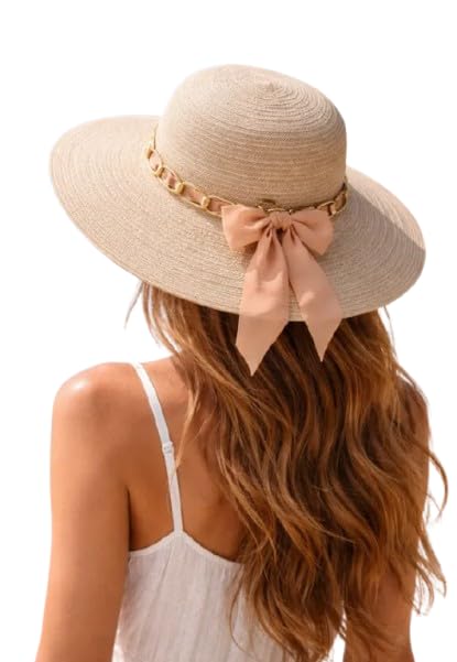 Chapéu de Praia Feminino, Dobrável, Palha Natural, Aba Larga, Proteção Solar para Verão com Laço Decorativo (Marrom)
