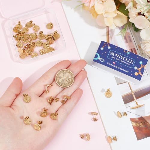 SUNNYCLUE 1 Box 50Pcs Earring Post Findings 304 Stainless Steel Earring Posts Textured Flat Round Post Earrings Gold Earring Studs with 50pcs Butterfly Earring Backs for jewellery Making Accessories - Image 3