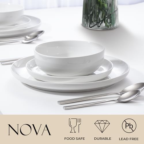 Image of Zulay Kitchen Nova Porcelain Dinnerware Set, Service For 4 - Chip & Scratch Resistant White Plates And Bowls Sets - Microwave & Dishwasher Safe - White