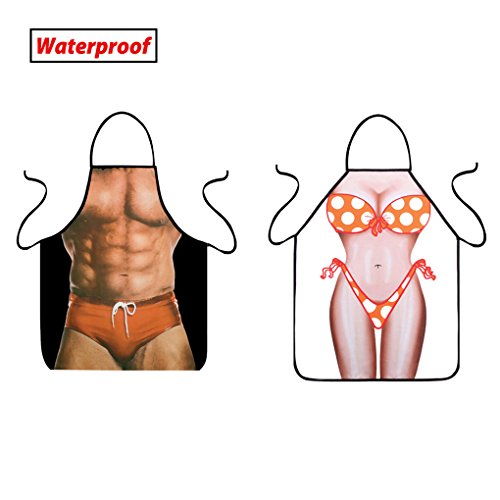 VIPbuy Set of 2 Pcs Waterproof Naked Man & Bikini Girl Aprons, Funny