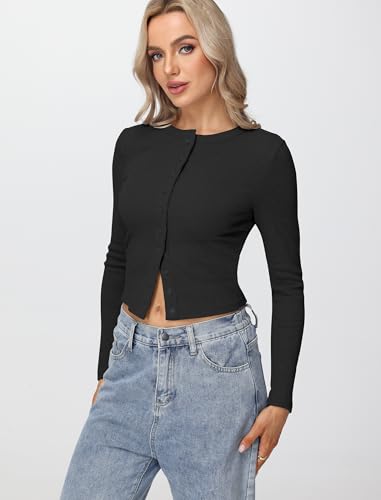 Womens Long Sleeve Tops Fall Lightweight Cardigan Cropped Going Out Shirts Ribbed Button Down Cute Trendy 2025