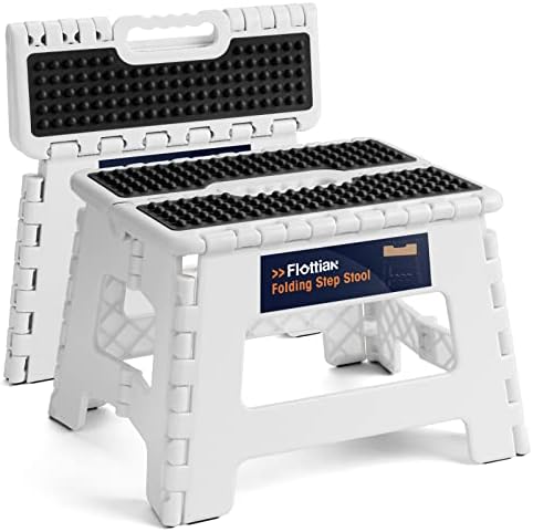 Flottian 9" Folding Step Stool for Adults and Kids Holds Up to 300 lbs,Non-Slip Folding Stools with Portable Handle, Compact Plastic Foldable Step Stool for Kitchen,Bathroom,Bedroom White，2PC
