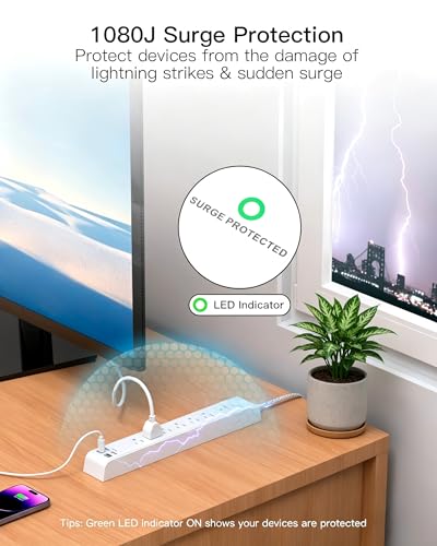 Image of 2 Pack Power Strip 15FT, Surge Protector with 6 Outlets and 4 USB Ports (2 USB C), Flat Plug Overload Protection, Extension Cord with Multiple Outlets, Wall Mount for Home Dorm College