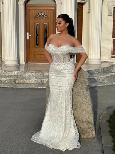 MiwiNovia Sequin Mermaid Prom Dresses for Women 2025 Sparkly Off Shoulder Formal Evening Dress with Train P10503