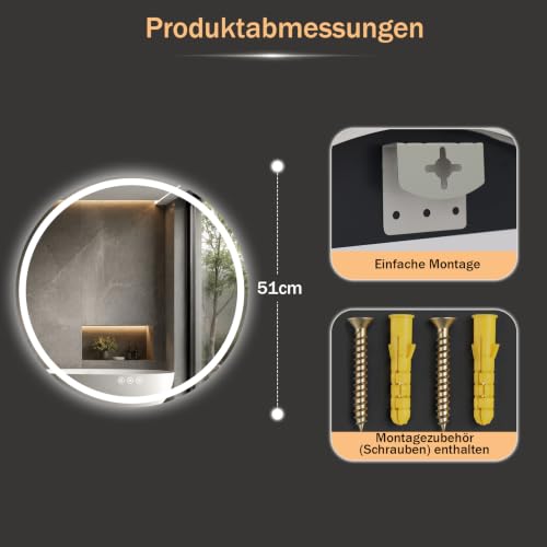 XRAMFY Badspiegel mit Beleuchtung 50cm*50cm, Antibeschlag, Rund Badezimmerspiegel mit Beleuchtung LED, 3 Lichtfarben, Dimmbar – Ansicht 2