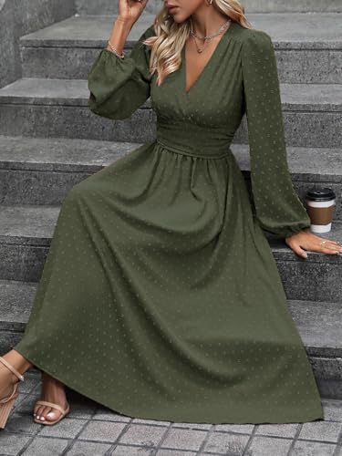 Mettclasi Women's Spring Fall Swiss Dot V Neck Maxi Dress Casual Puff Long Lantern Sleeve A-Line Flowy Dress4