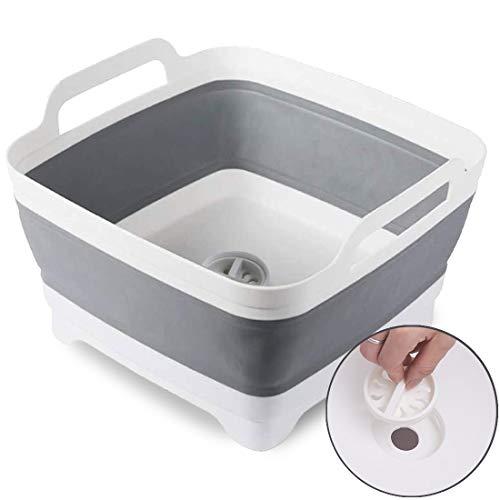 Yarbee 9.1L (2.4Gallon) Collapsible Dish Tub Dishpan With Drain Plug and Carry Handles, Portable and Versatile Dish Basin - Great for Washing Dishes, Camping or RV Sink