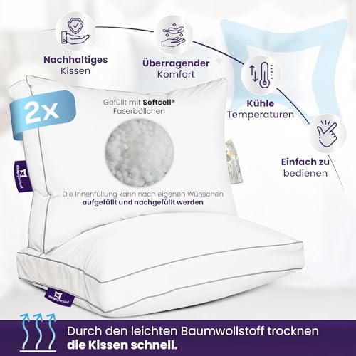 Slaapspeciaal Kopfkissen 60x50cm - Kissen aus Baumwolle-Bezug [2er Set], Ergonomisches Schlafkissen mittlere Festigkeit [Stützt Kopf und Nacken] - Aktive Luftzirkulation