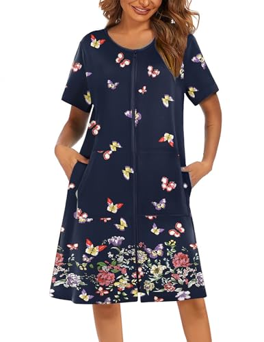 Image of Ekouaer Women Robes Lightweight House Coat Short Sleeve Floral Print Mumu House Dresses with Pockets Zipper Nightgowns