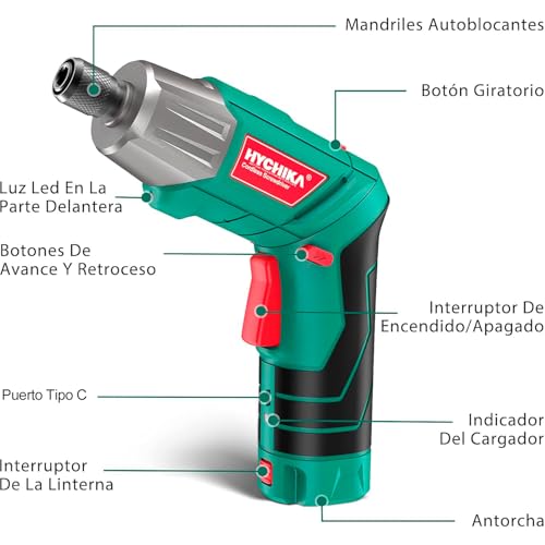 Miniatura 2 de Atornillador Eléctrico 6n.M, Hychika Destornillador Eléctrico Máximo Par 6 N.M, 3.6v, 2.0ah Led Luz Como Linterna, Cable Usb, 35 Accesorios, Estuche Portátil