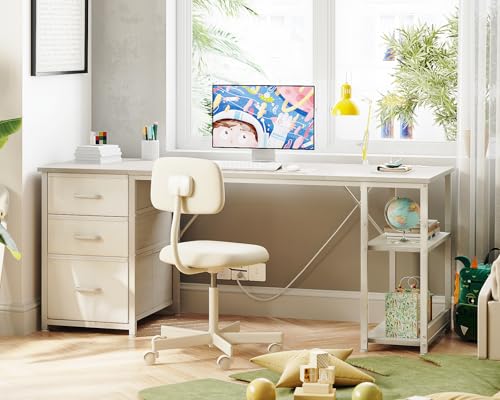 Image of AODK 63 Inch Computer Desk with Drawers & USB Power Outlets, Reversible Home Office Desk with Storage Shelves, Work from Home, Modern Work /Writing /Study Table for Bedroom, White