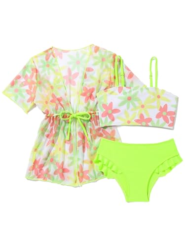 Hansber Kids Girls 3-Piece Bikini-Style Bathing Suit Swimsuit Swim Tops and Bottom with Cover Up Outerwear Set