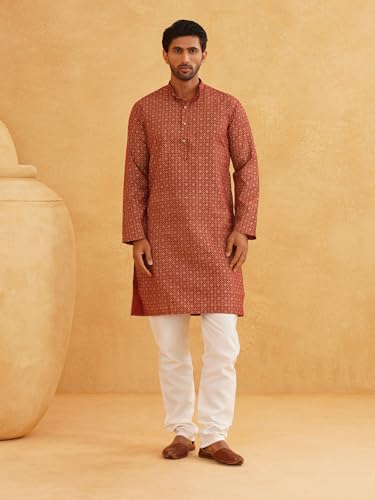 Image of SOJANYA (Since 1958 Men's Cotton Linen Blue Foil Printed Kurta and White Pyjama Set