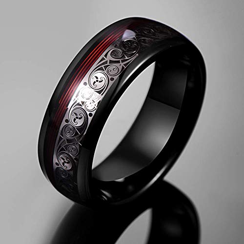 Vakki 8mm Black Tungsten Ring for Men with Celtic Spiral and Red Guitar String Inlaid Wedding Band Comfort Fit Size 7-12.52
