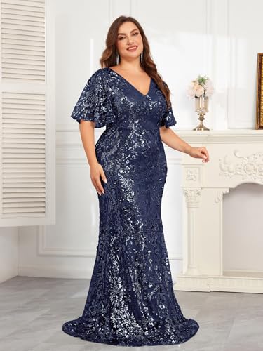 Image of Plus Size Glamous Short Sleeves Womens Sequin Dress Formal Gowns Evening Glitter Mermaid Prom Dress