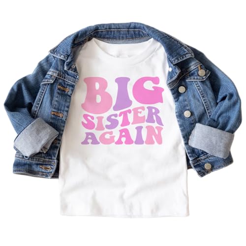 Girls Big Sister Again Shirt - Retro Groovy Pink New Big Sister For Daughter - Pregnancy Reveal Baby Birth Sibling Announcement - Natural Toddler Youth Tee