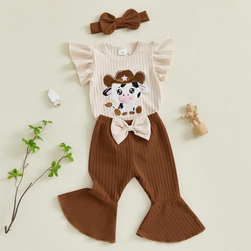 Baby Girl Western Clothes Cute Cow Print Short/Long Sleeve Ruffle Romper Flare Pants Headband Cowgirl Outfit3