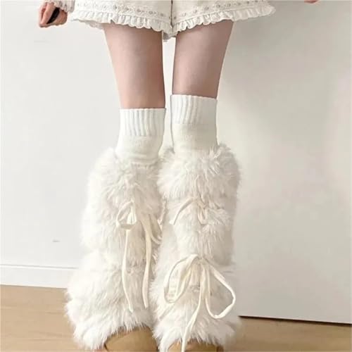 Calentadores de piernas peludos para mujer calcetines blancos de invierno con tiras XUMKFJRE 5