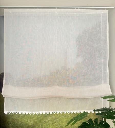 Vordesack Estor con aspecto de lino, con borde de flores, cortina de colores lisos con cinta de velcro, cortina semitransparente, cortina de cocina, arena, 1 unidad (alto x ancho), 140 x 80 cm
