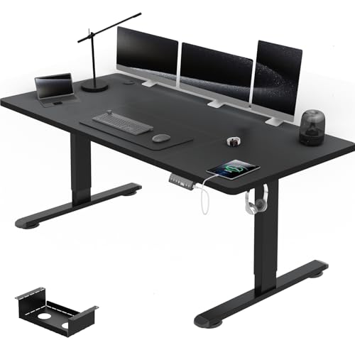 Airfish Höhenverstellbarer Schreibtisch mit USB-Buchse, Elektrisch Schreibtisch mit Kabelwanne, Computertisch, Bürotisch, Stehpult mit Erinnerung an sitzende Tätigkeiten, 160 x 80 cm, Schwarz