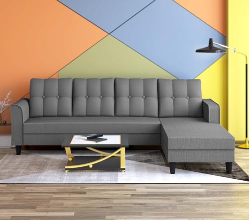 Image of Adorn India Maddox Tufted L Shape 5 Seater Sofa Chenille Sofa Set RHS (Grey) (3 Year Warranty)