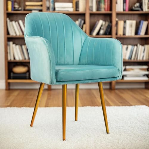Image of Velvet Accent Chair | Luxury Upholstered Armchair with Sturdy Metal Legs | Modern Comfortable Chair for Living Room, Bedroom, Office, or Cafe (Golden Legs, Sky Blue)