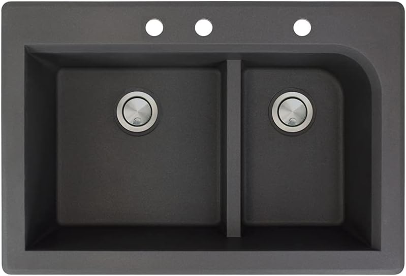 Transolid RTDJ3322-09-CBE Radius 33-in W x 22-in L silQ Granite Drop-in Double Bowl Kitchen Sink with 3 CBE Faucet Holes in Black