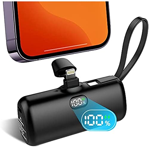 Small Portable Charger Power Bank, 5000mAh with Lightning & USB C Dual Output Powerbank, LED Display Battery Pack Fast Charging for iPhone 14/13/12/11 Samsung S22/S21 Google Pixel Moto etc.(Black)