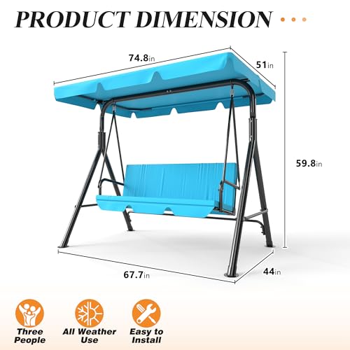 Image of GARTOO 3-Seat Patio Swing Chair, Outdoor Porch Swing with Adjustable Canopy and Durable Steel Frame for Patio, Garden, Poolside(Turquoise)