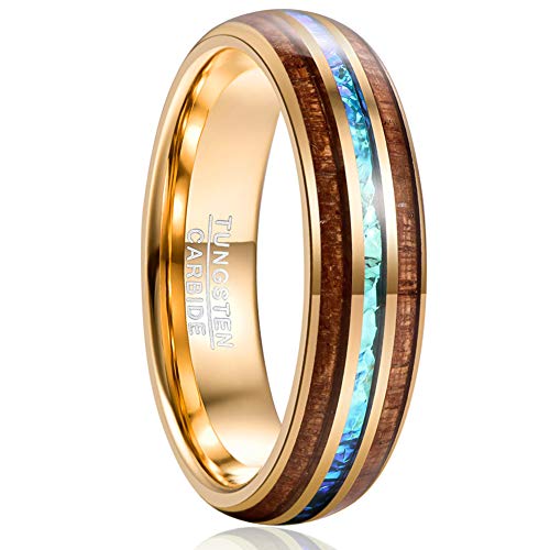 Vakki Wedding Bands Wood Inlay for Men Women 6mm Dome Gold Tungsten Rings with Blue Center Size 13.5