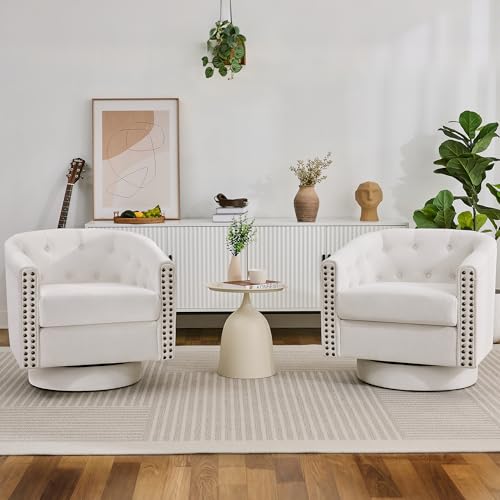Image of Swivel Barrel Accent Chair, Round Chenille Fabric Living Room Arm Chairs, Modern Upholstered Comfty Reading Nook Chairs for Bedroom, Small Club Armchair, Single Sofa Side Chair, White