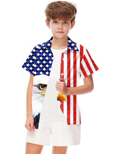 Image of Remimi Unisex Kids 4th of July Button Up Shirt Boys American Flag Print Hawaiian Beach Short Sleeve Tops 5-14 Years