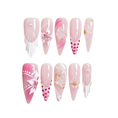 Petal Whisper 10PCS Long Pink Floral Gradient Press On Nails,