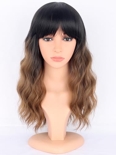 Ombre Brown Wavy Wigs with Bangs for Women - Medium Length Black To Brown Synthetic Wigs for Daily Party Use