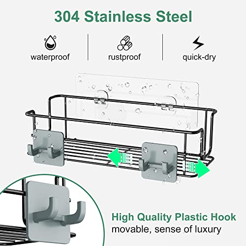 Thideewiz 3 Pack Adhesive Hanging Shower Caddy, 2.7-3.1Inch Height Stainless Steel Bathroom Organizer, Black Polished Shower Shelves With 4 Plastic Hooks And 4 Adhesives #TOP3