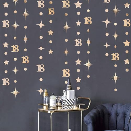 Image of Champagne Gold 18th Birthday Decorations Number 18 Circle Dot Twinkle Star Garland Streamer Banner Backdrop for Girls Boys Happy 18th Birthday Time to Adult Cheers to 18 Years Old Anniversary Party