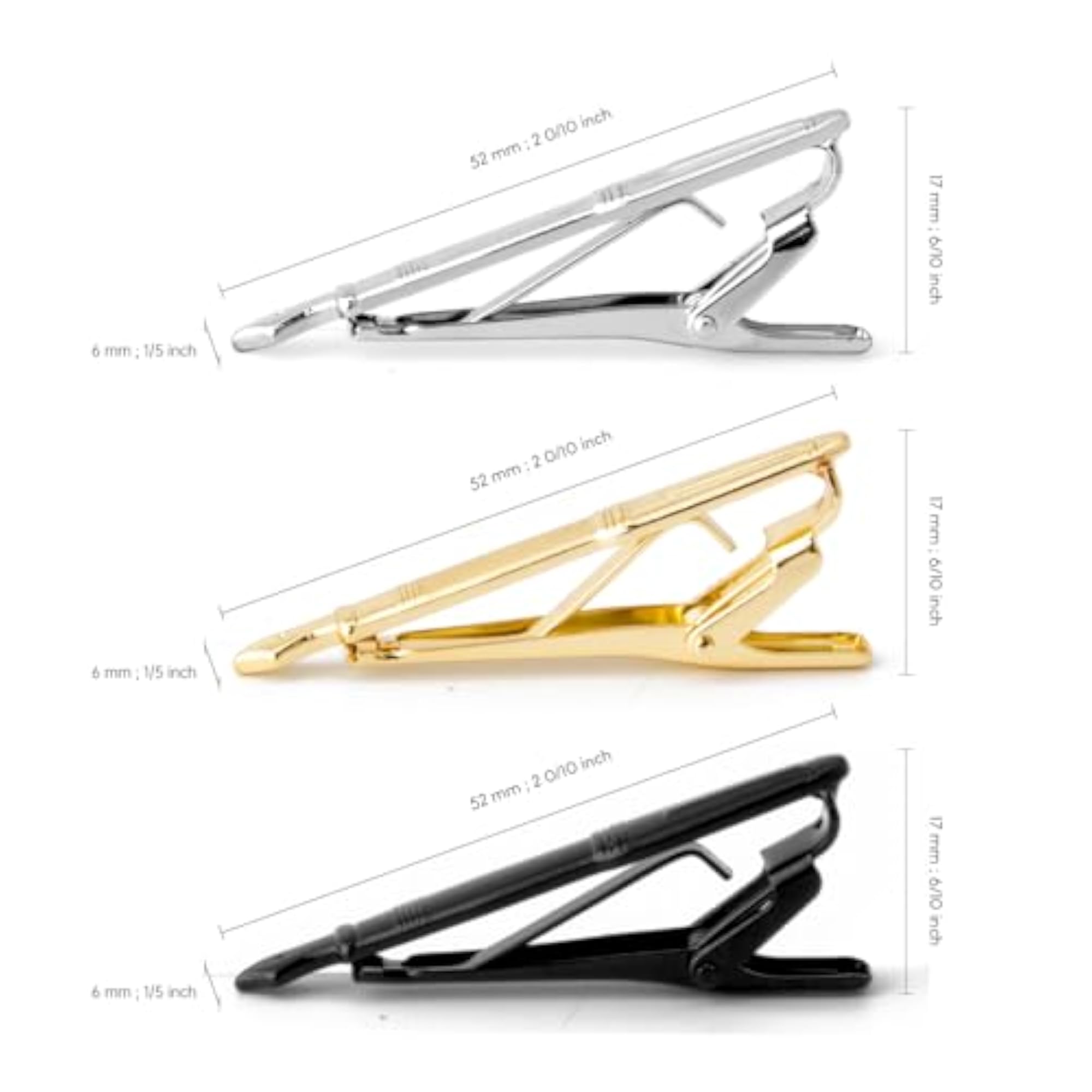 Men's Gold, Silver & Black Tie Pin Clip Set of 3, Gift Box