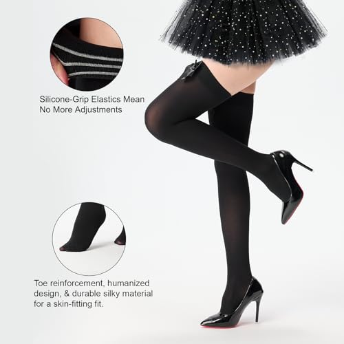 Image of Women's Satin Bows Thigh High Stockings Hold-ups Snag-Resistant Knee High Long Socks