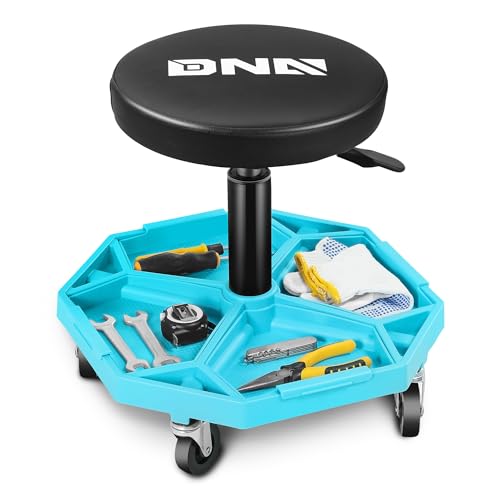 DNA Motoring Adjustable Height Pneumatic Garage Seat Rolling Mechanic Stool with Tool Tray Storage,300lbs Max Weight Capacity, Blue,TOOLS-00480