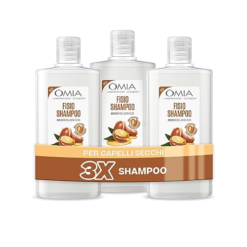 Omia, Champú Fisio Ecobio con Aceite de Argán de Marruecos para Cabellos Secos, Nutritivo y Reestructurante, Sin Siliconas ni SLES, 3 Botes de 200 ml